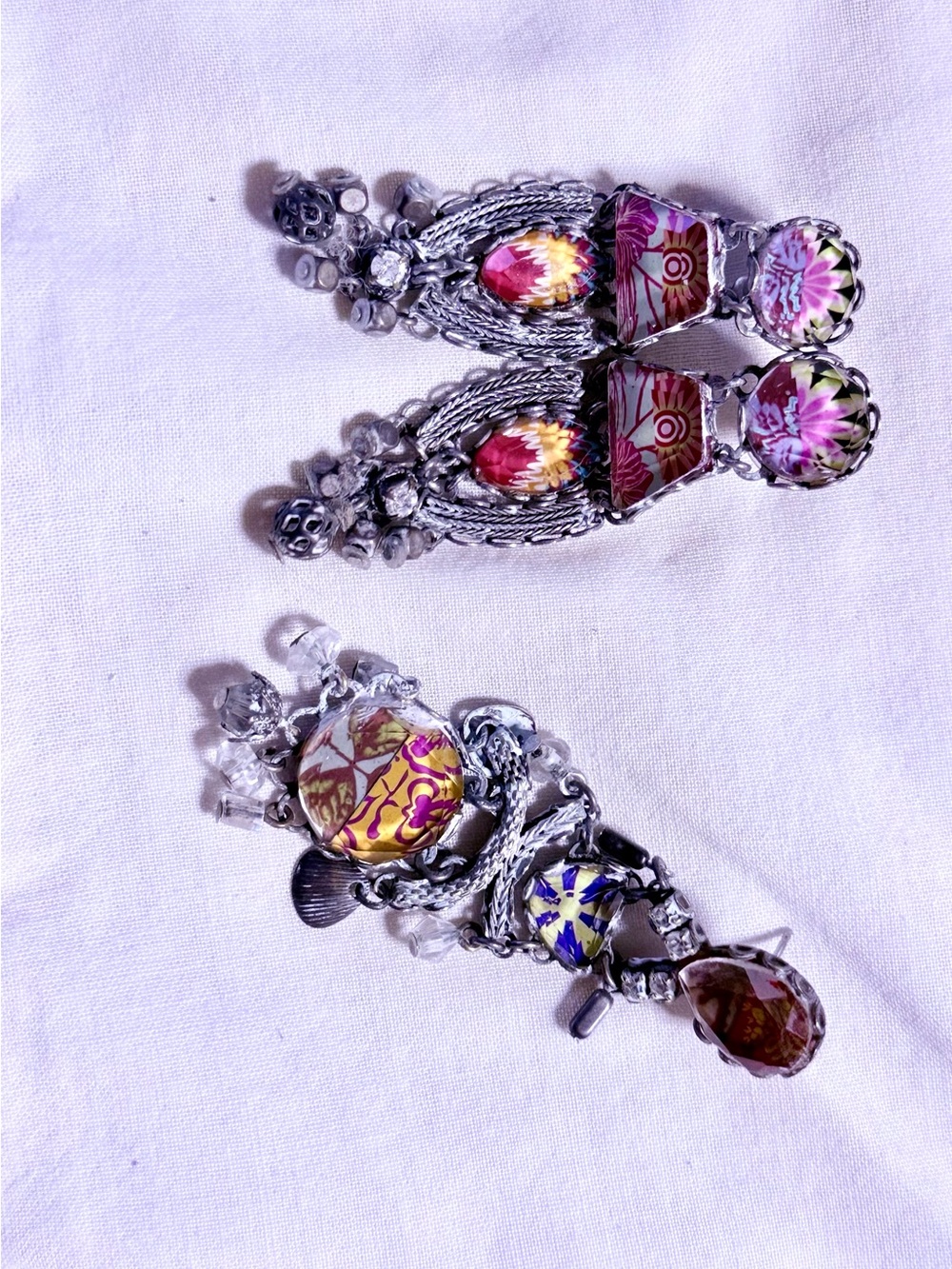 Silver Drop Floral Statement Earrings - Pink & Multicolor